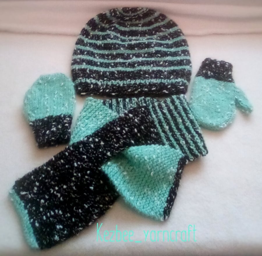 Hat, Scarf and Mittens set - hand knitted - toddler boy (1 - 2 years)