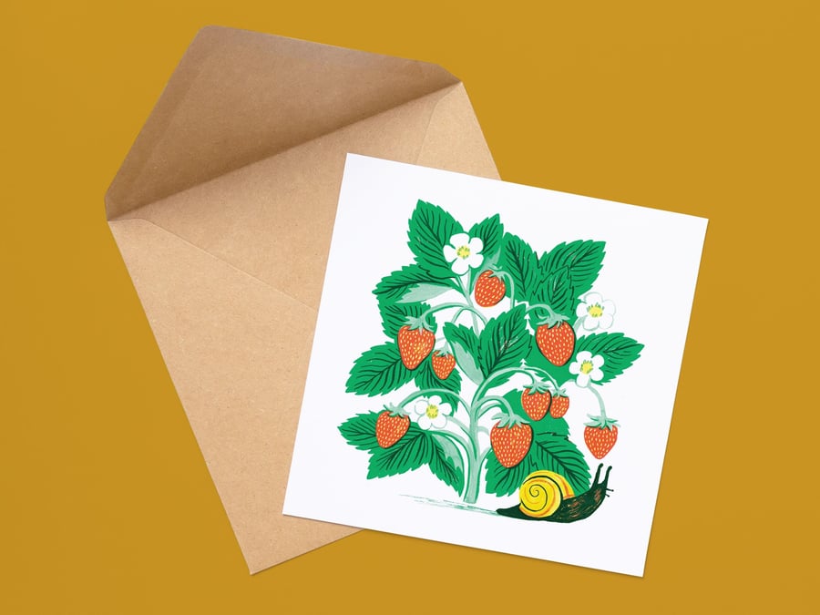 Strawberry Plant & Snail Card: Garden Birthday Greetings
