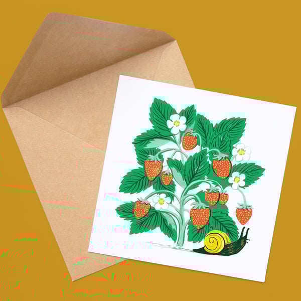 Strawberry Plant & Snail Card: Garden Birthday Greetings