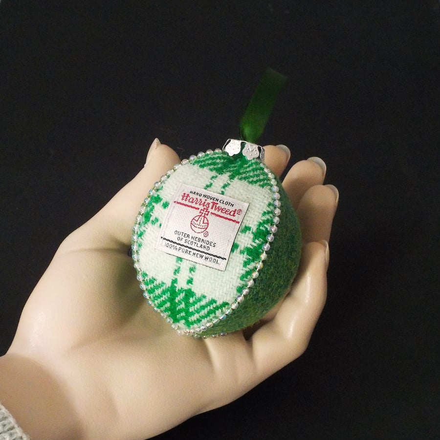 Harris tweed bauble Christmas tree decoration green and white tartan ornament