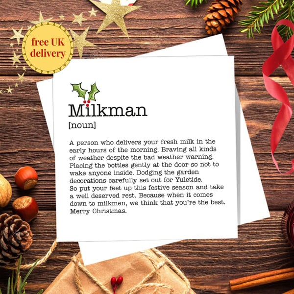 Christmas Card Milkman Definition. Blank inside. Free delivery