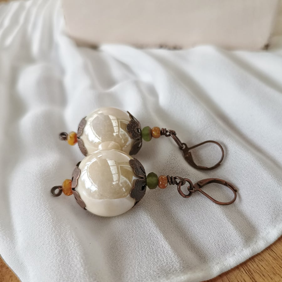 Chunky Ceramic Beads Earrings, Magnolia & Copper