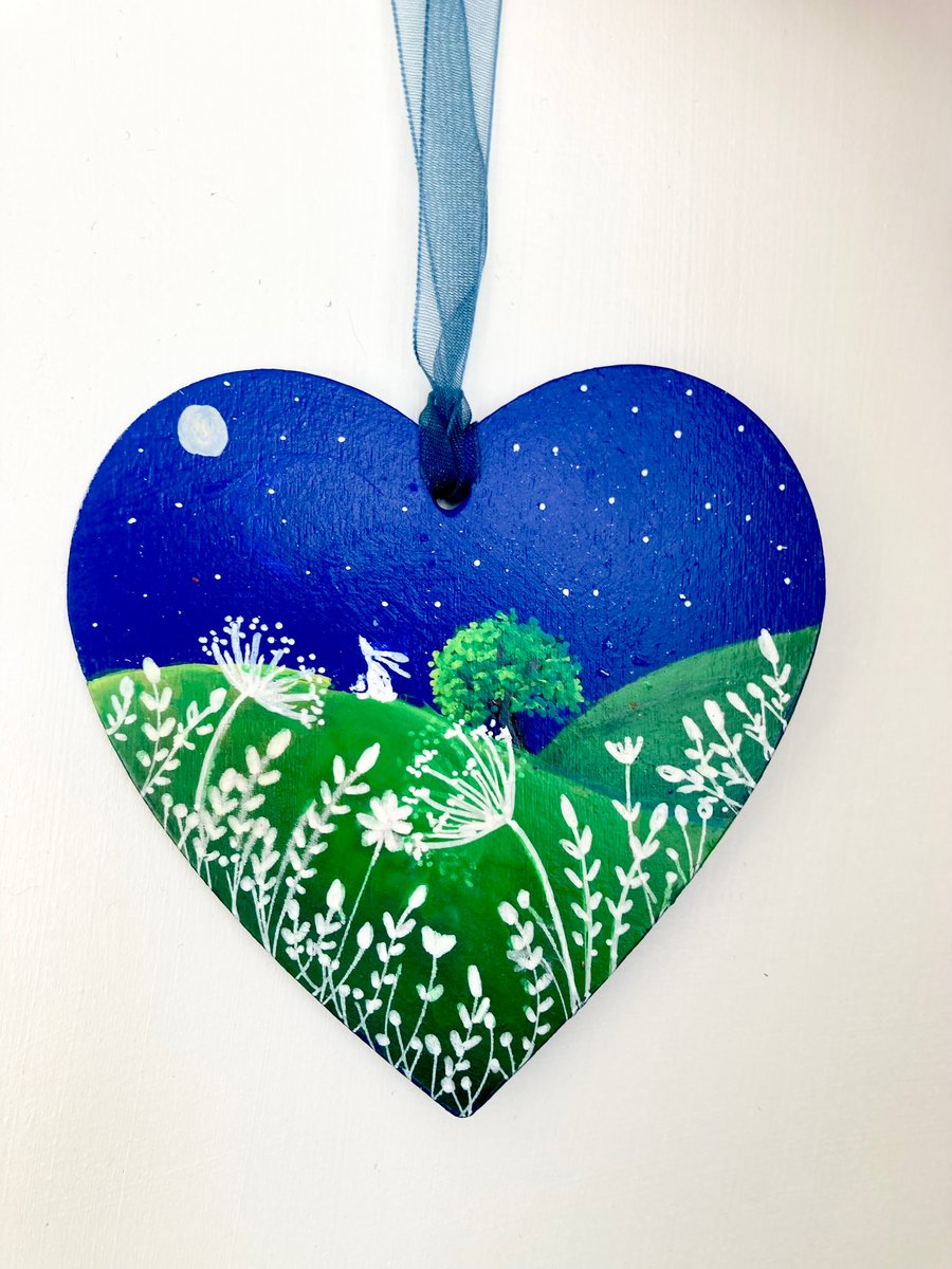 White Hare & Moon Painting On Wooden Heart Hanging Decoration