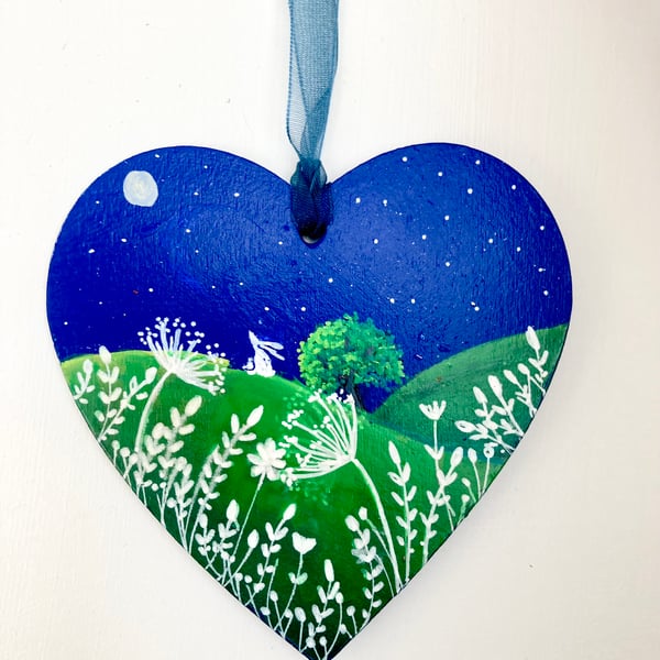White Hare & Moon Painting On Wooden Heart Hanging Decoration
