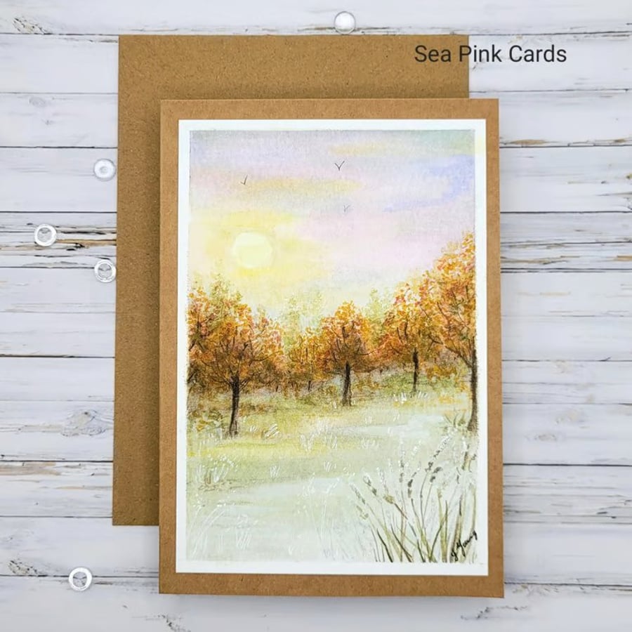 Handpainted Blank Card -  autumn trees frost watercolour original  