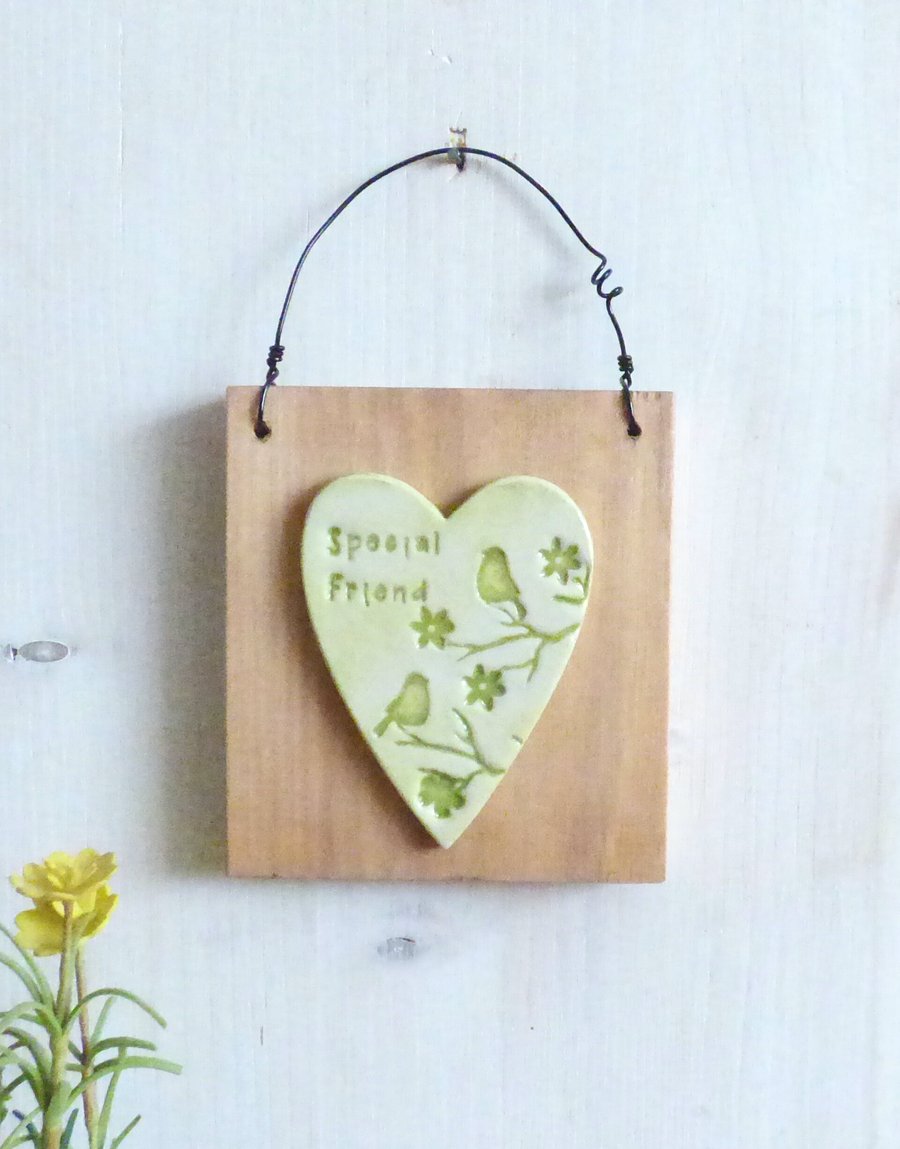 'Special Friend'' Birds And Flowers, Clay Heart, Hanging Wall Plaque 