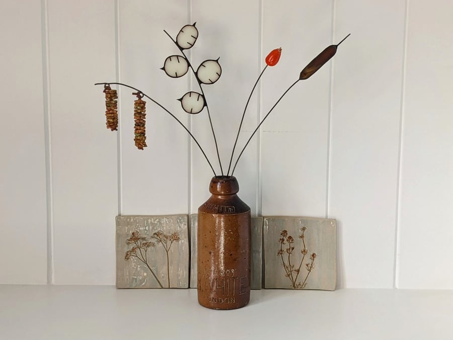 "Autumn Days" mixed media stained glass and ceramic bouquet of flowers and seeds