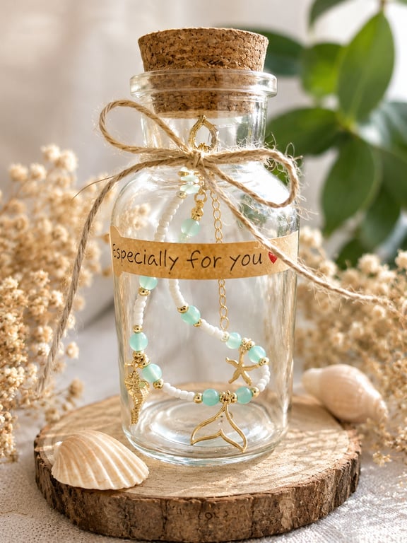 Handmade Coastal Charm Anklet in a Gift Bottle 