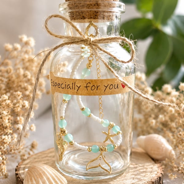 Handmade Coastal Charm Anklet in a Gift Bottle 