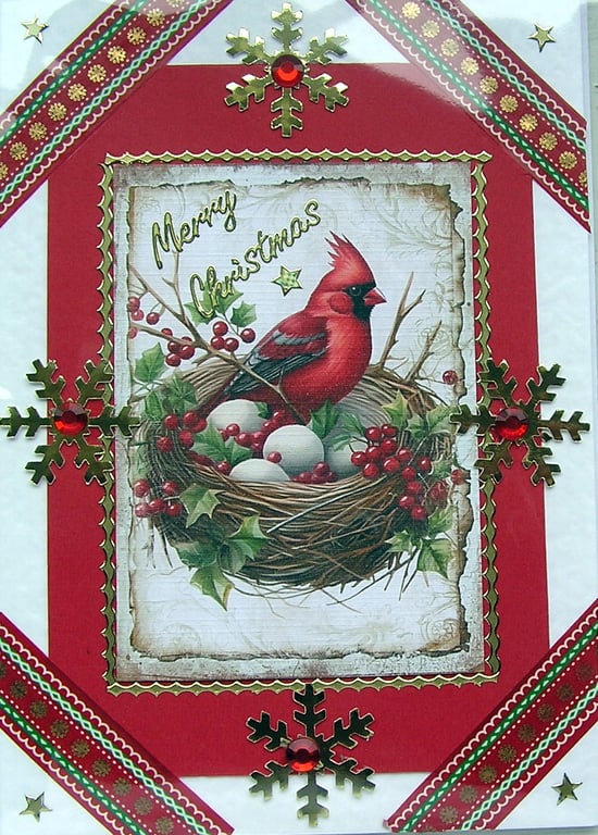 Hand Crafted Decoupage Chistmas Card - Merry Christmas (2727) Red Cardinal Bird