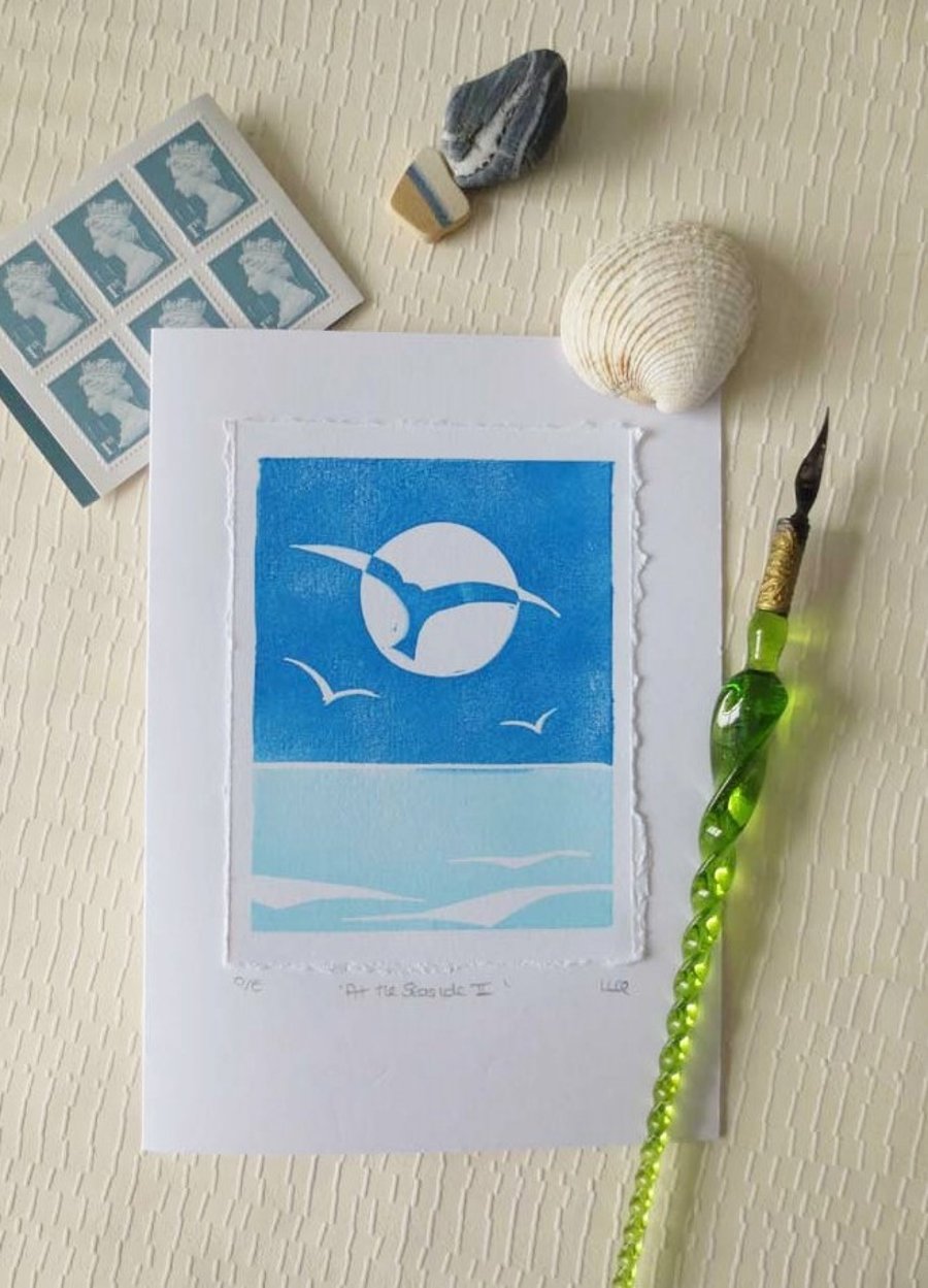 Hand printed british beach inspired blank greeting card - At the Seaside II