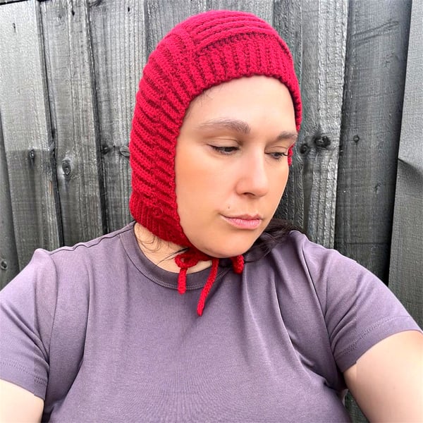 Handmade Crochet Bonnet - Cherry Red Ribbed Bonnet with Ties - Cosy Winter Bonne
