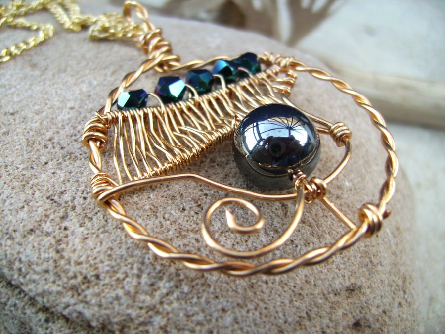 Eye of Horus Hematite & Wire Amulet Pendant Necklace
