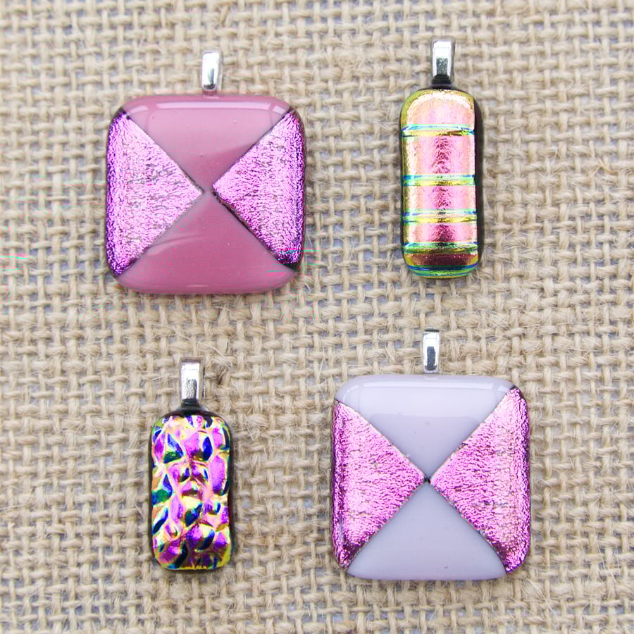 Small Pink Sparkly Dichroic Fused Glass Pendants