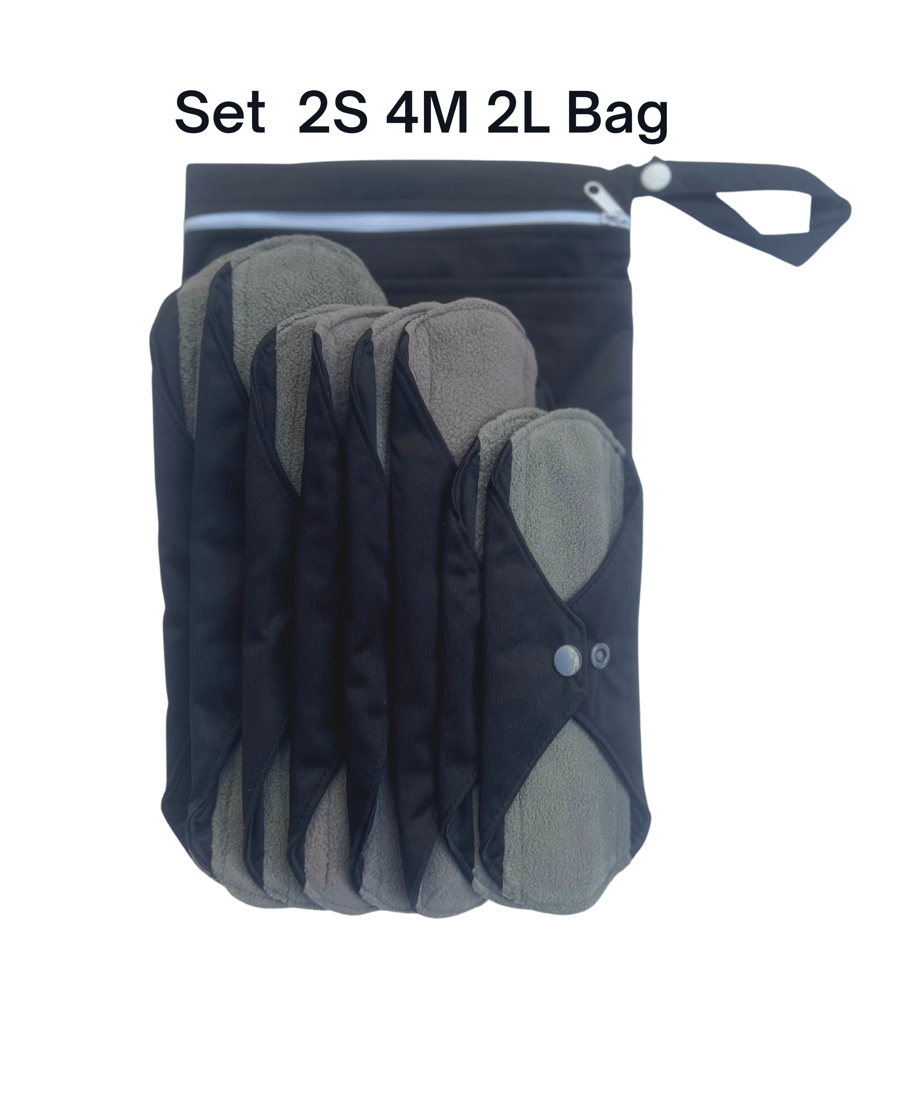 9pcs Starter Set - Black Reusable sanitary menstrual pads period 2S4M2L Bag
