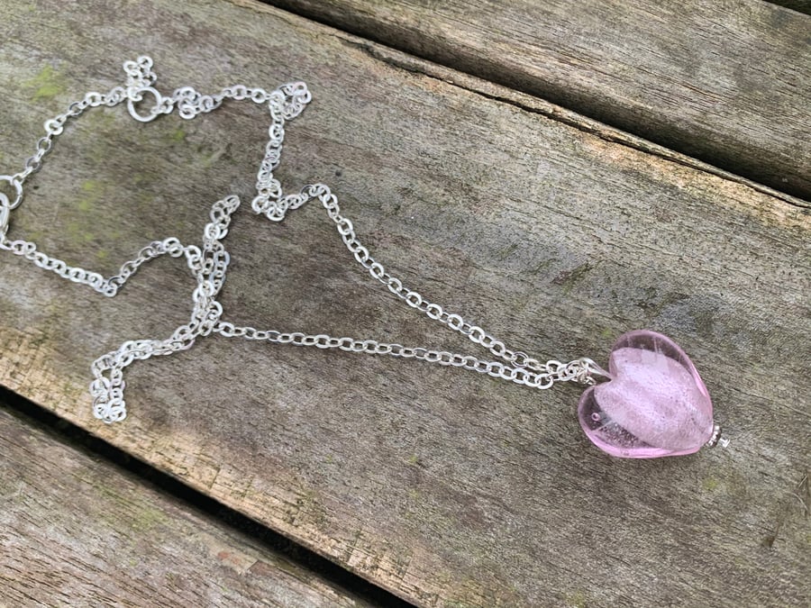 Light pink silver foil lined glass heart necklace