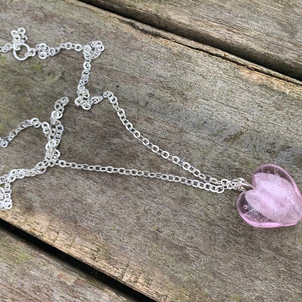 Light pink silver foil lined glass heart necklace
