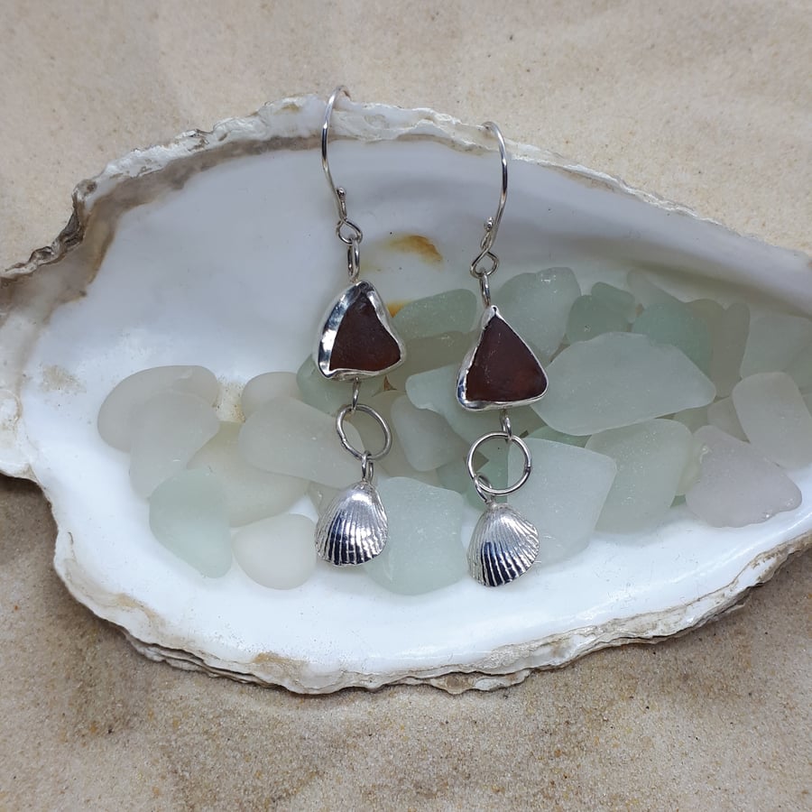 Dark amber sea glass and silver cockle shell earrings - Seconds Sunday 