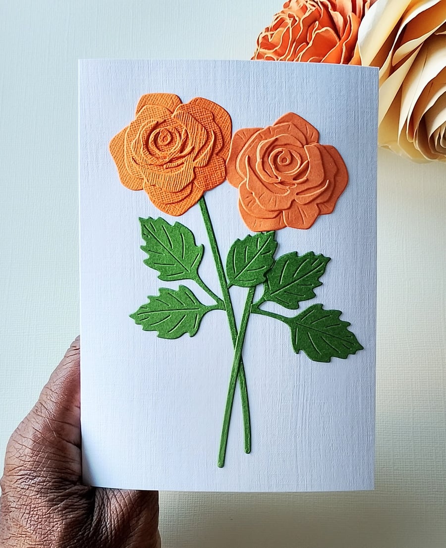 Orange Roses - Flower Shop Moments, Blank Handmade Floral Card 