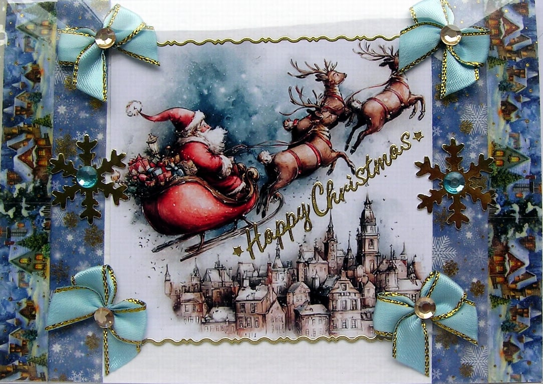 Hand Crafted Decoupage Chistmas Card - Happy Christmas (3354) Santa on Sleigh