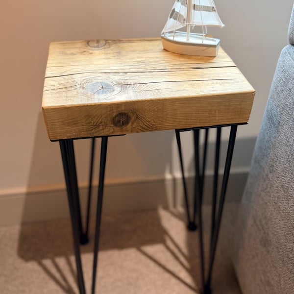 Chunky Reclaimed Wood Side Table Rustic End Table with Black Hairpin Legs