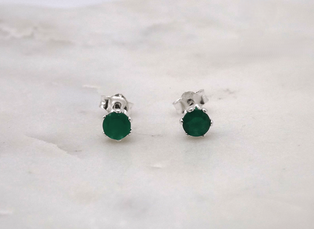 Green Onyx Facet 4mm Gemstone 6 Prong Sterling Silver Stud Earrings.