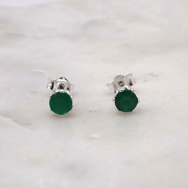 Green Onyx Facet 4mm Gemstone 6 Prong Sterling Silver Stud Earrings.