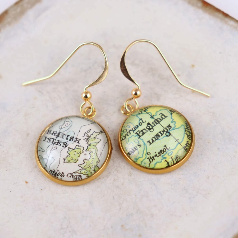 World Map Golden Earrings Travel Earrings, Custom Map Location Drop Earrings