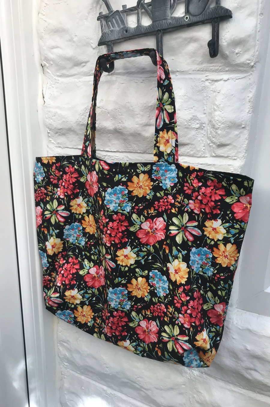 Shopping Bag, Black Floral Print , Eco Friendly Reusable Cotton Bag