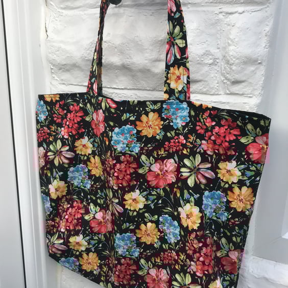 Shopping Bag, Black Floral Print , Eco Friendly Reusable Cotton Bag