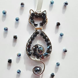 Black Cat Hanging Decoration Unique Gift made with Wire and Beads