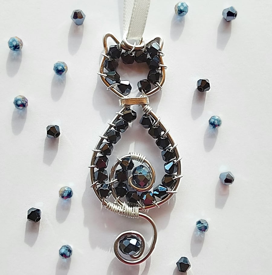 Black Cat Hanging Decoration Unique Gift made with Wire and Beads