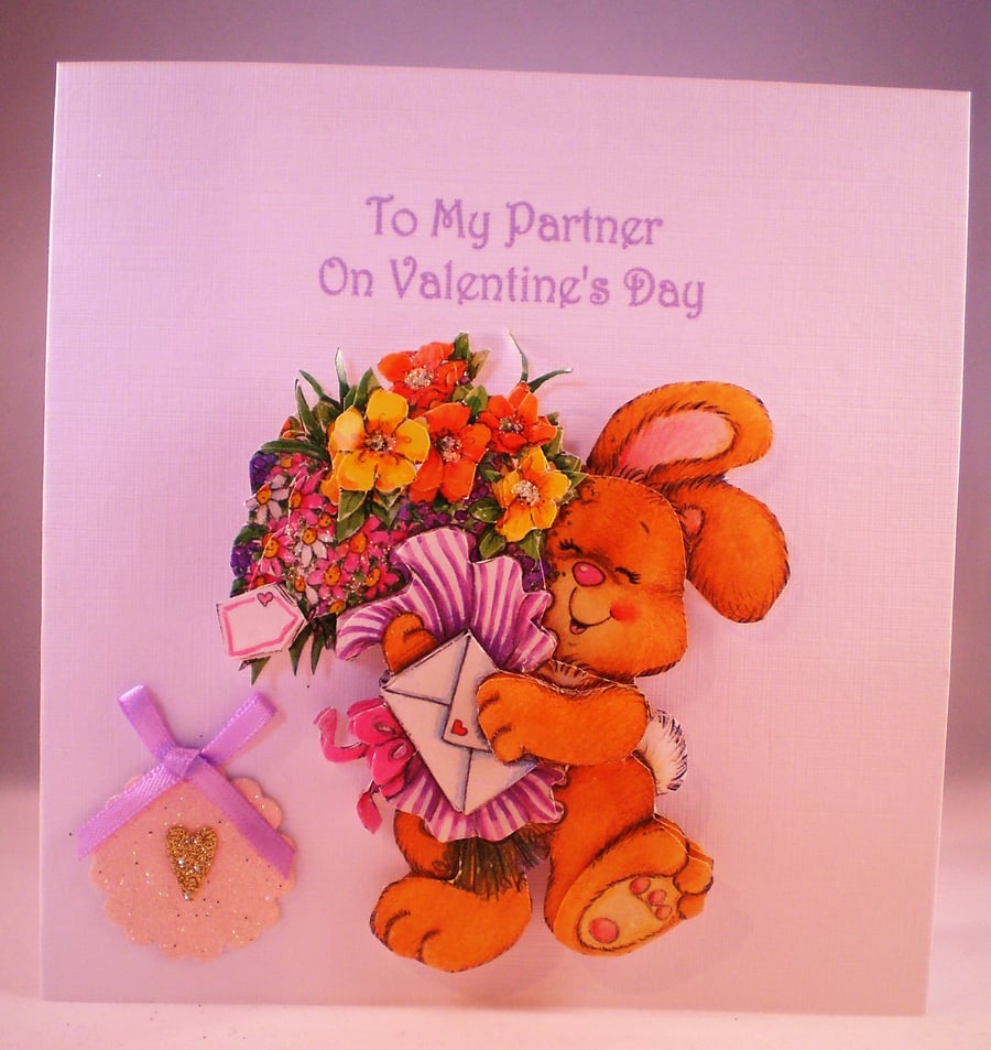 SALE Decoupage,3D Cute Rabbit and Flowers Valentine Card For Partner