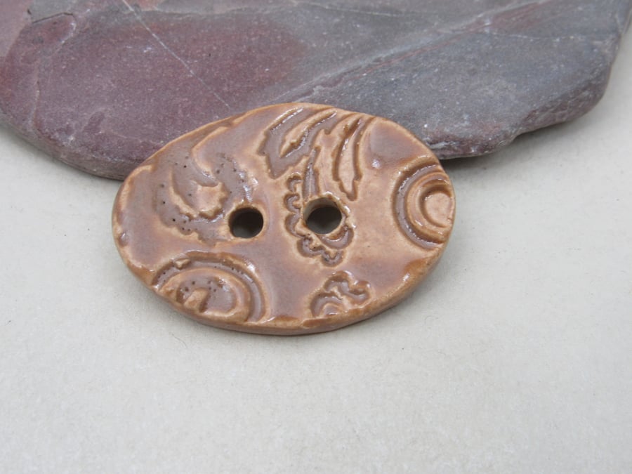 Large Sand Brown Brocade Oval Handmade Ceramic Button