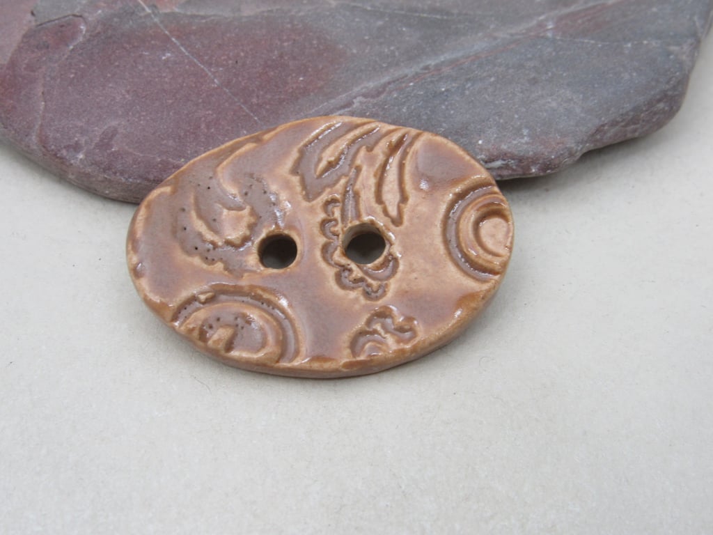 Large Sand Brown Brocade Oval Handmade Ceramic Button