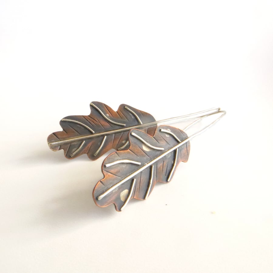 Sterling Silver and Copper Earrings, Oak Leaf Earrings, Autumn Jewellery