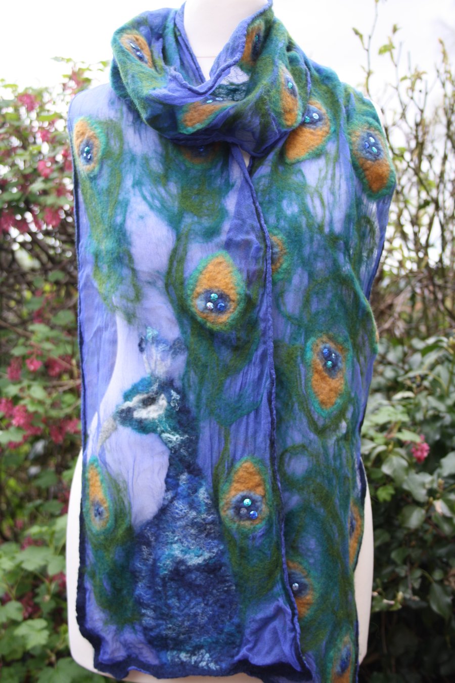 Handmade Peacock Silk and Felt Scarf with Sequins