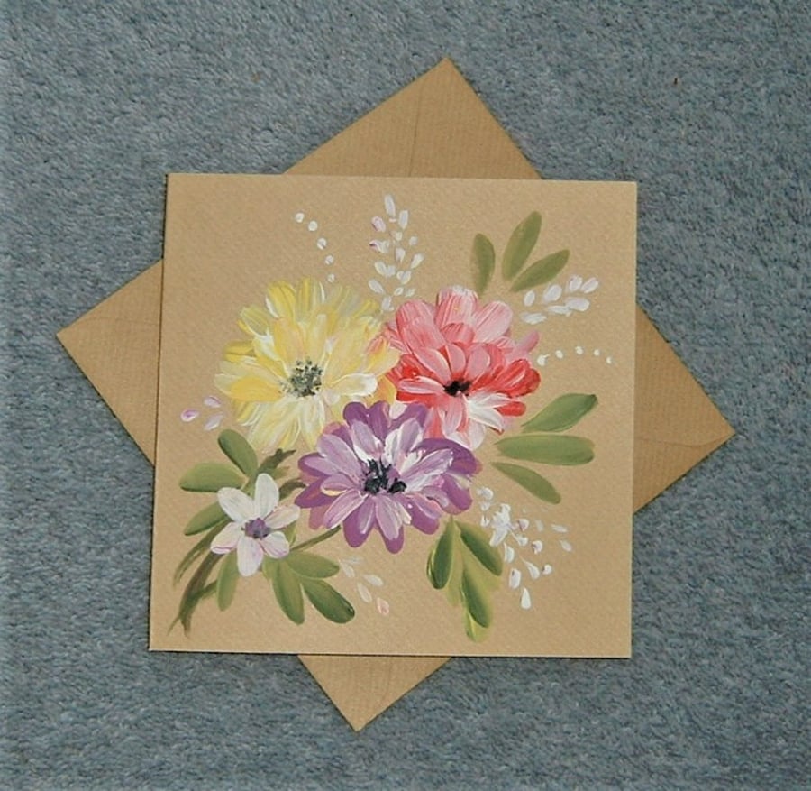 original art hand painted floral blank greetings card ( ref F 963 )