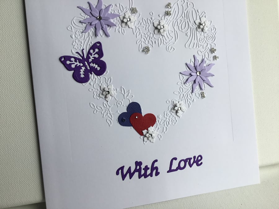 Card. With love. Hearts and flowers. Engagement card. Ref 013