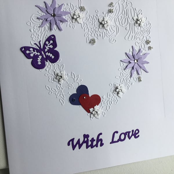 Handmade card. With love. Hearts and flowers. Engagement card. CC332