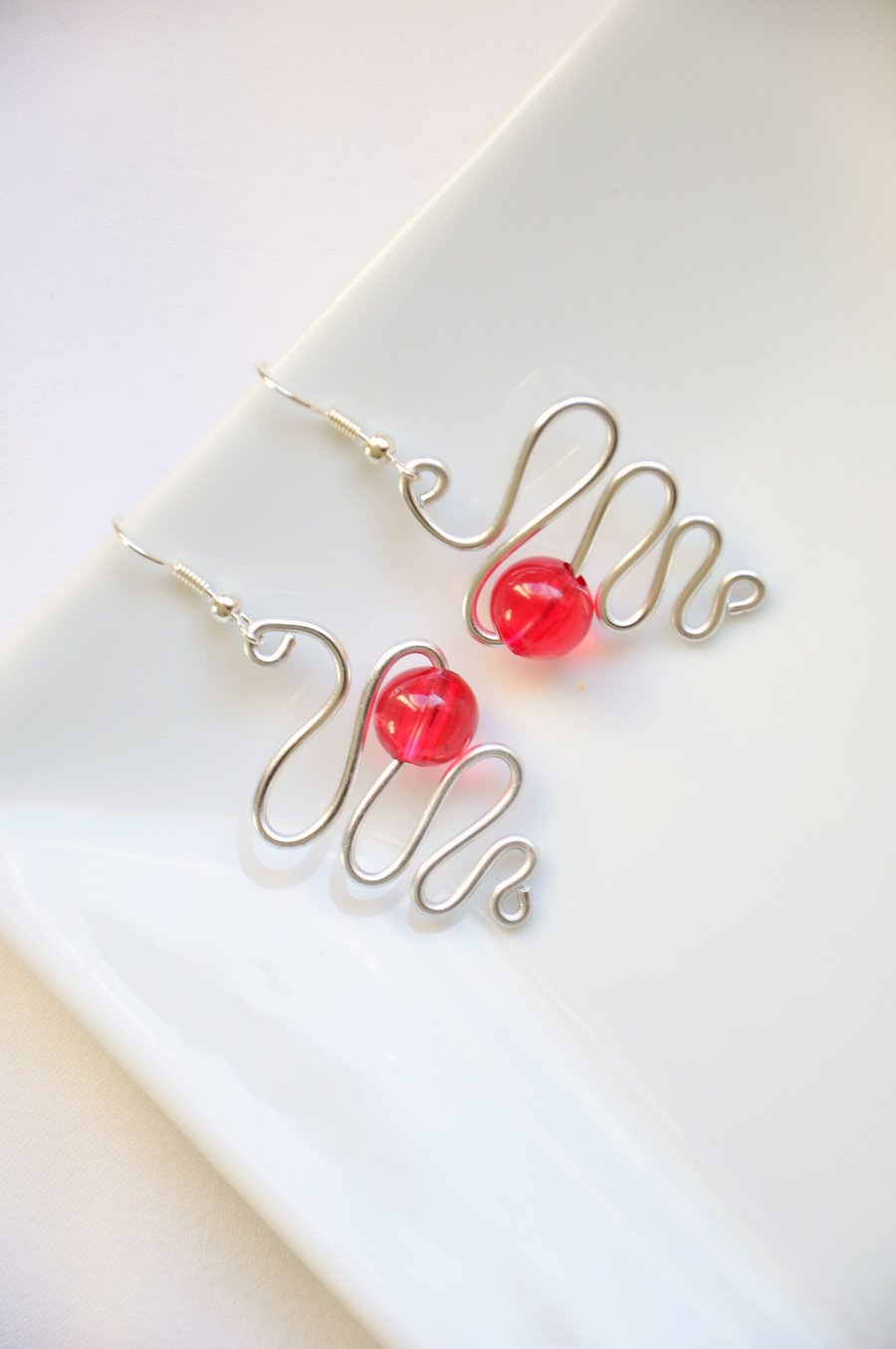 Silver earrings, Wire wrapped earrings, Hot pink, Bead earrings, Quirky earrings