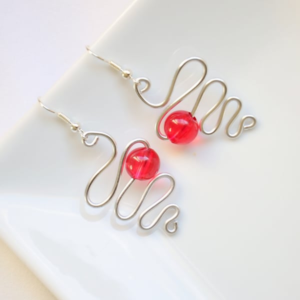 Silver earrings, Wire wrapped earrings, Hot pink, Bead earrings, Quirky earrings
