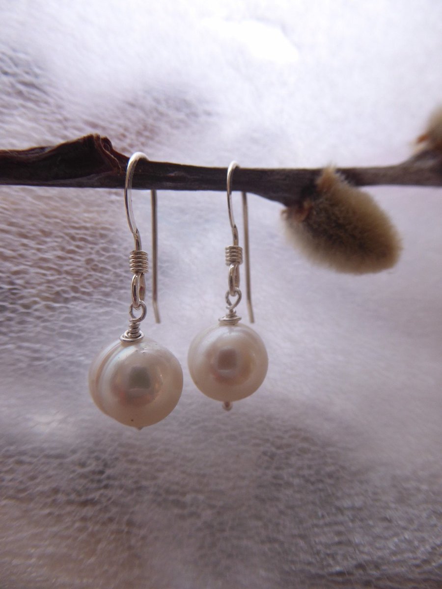 Cultured pearls sterling silver drop earrings with white freshwater pearls