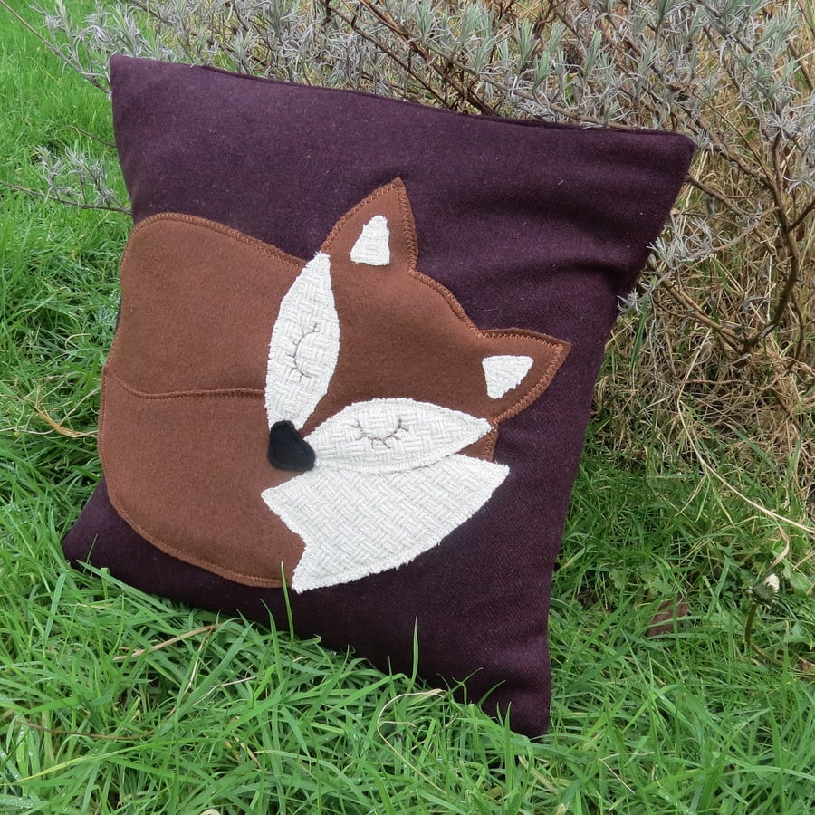SALE!!!  Fox cushion.  A snoozy fox on aubergine wool. With feather pad.