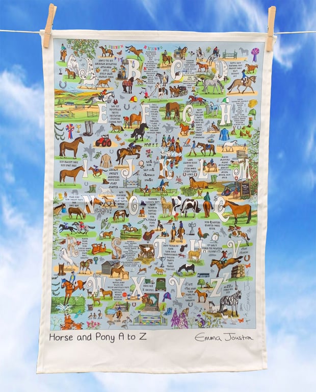 Horse & Pony Alphabet tea towel 100% organic cotton designed and made in the UK