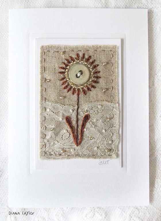 HAND EMBROIDERED GREETINGS CARD VINTAGE FLOWER