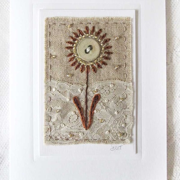 HAND EMBROIDERED GREETINGS CARD VINTAGE FLOWER