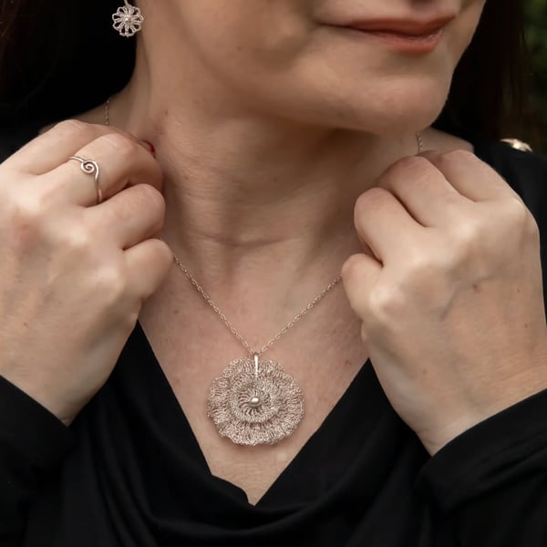 Bloom Fine Silver Lace Wearable Art Pendant - 18" recycled sterling silver chain