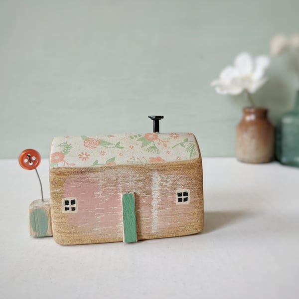 Little Handmade Wooden House with Teeny Button Flower Garden