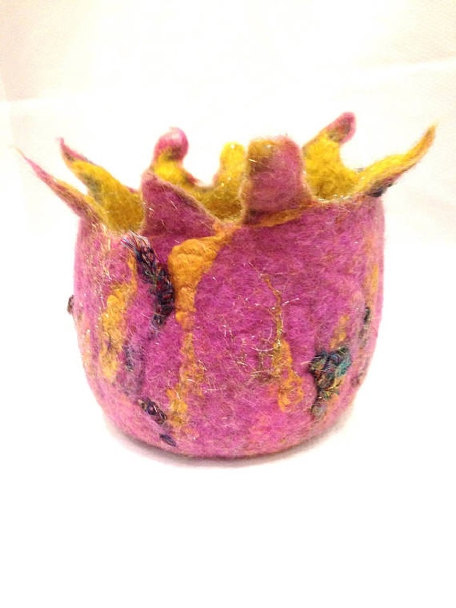 Handmade Felt Trinket Bowl Pink Yellow Gift For Women